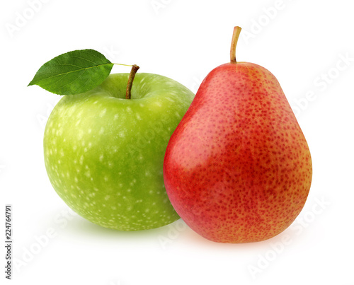 Green Apple with leaf and red pear, isolated on white