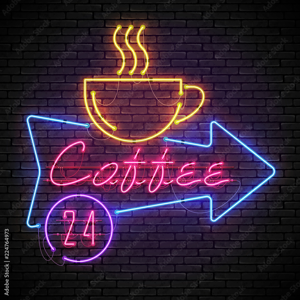 Shining and glowing red neon coffee sign in blue arrow frame with
