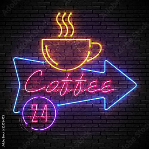 Shining and glowing red neon coffee sign in blue arrow frame with yellow coffee cup on brick wall.All day long in purple circle.Bright coffee house sign, night advertisement logo, vector illustration.