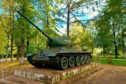 Tank-T-34 monument of the Second World War. Translation of the inscription on the tower of the tank: For the homeland! Kostroma, Russia. photo