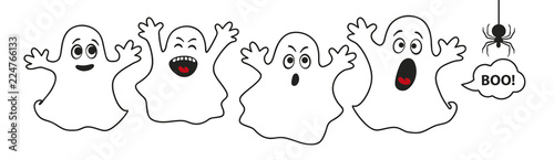 Set of cute ghosts, apparition, spook, horror. Poster for happy Halloween. Isolated cartoon illustration for print or sticker. Scary fairy. Card for friends or family. Ghost shadow funny. Vector. 