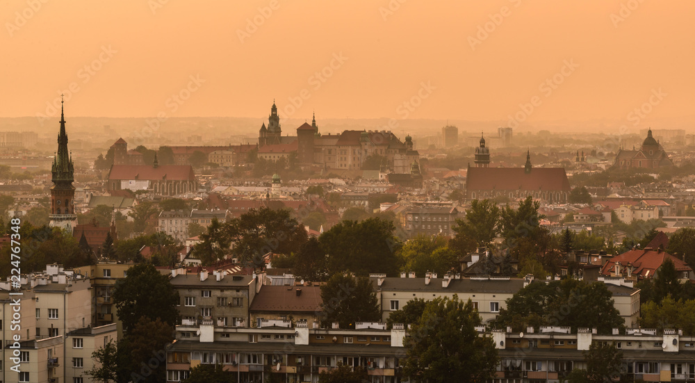 Amazing sunset over Wawel Castle and Kazimierz district in Krakow, Poland.