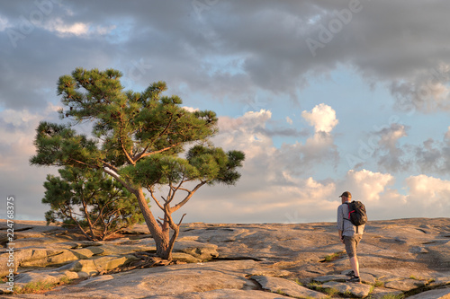 Unidentifiable hker at the top of Stone Mountain in Georgia with singular green pine trees growing out of the granite and blue skies with moody clouds