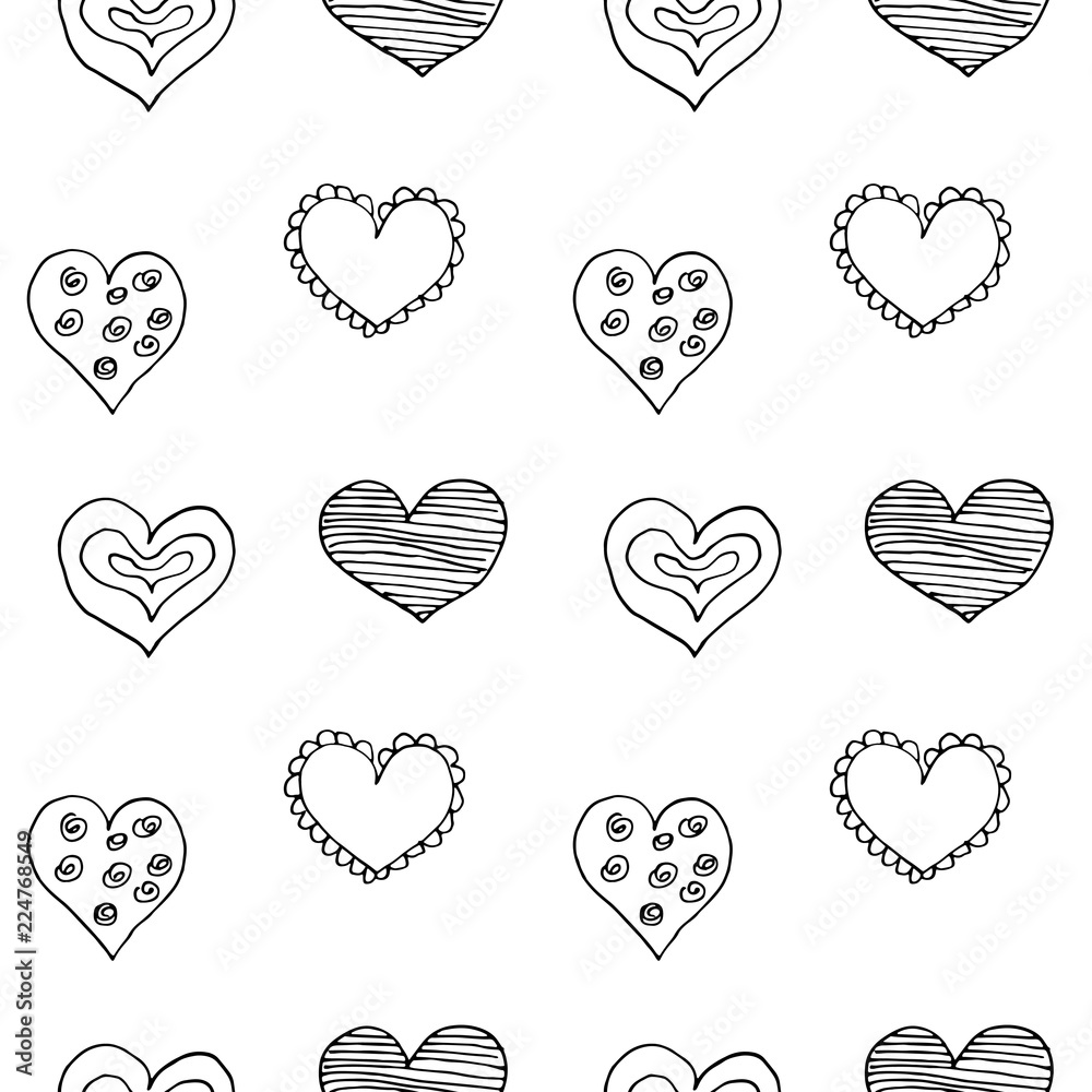 Seamless pattern with sketch hand drawn hearts.