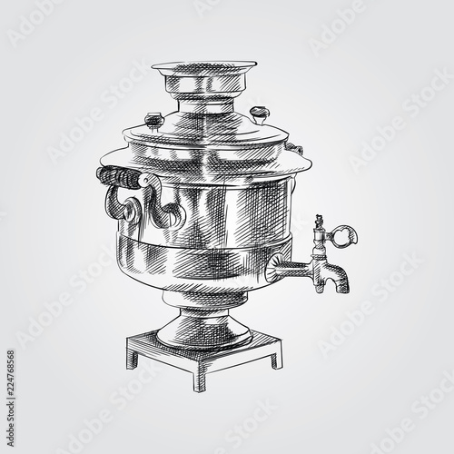 Samovar in sketch style isolated on white background. Can be used for menu, bar. restaurant and other design.