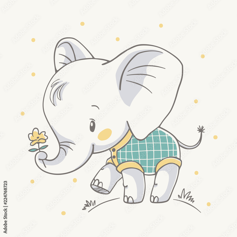 Naklejka premium Ilustracja wektorowa słoniątka z kwiatami w jego bagażniku.