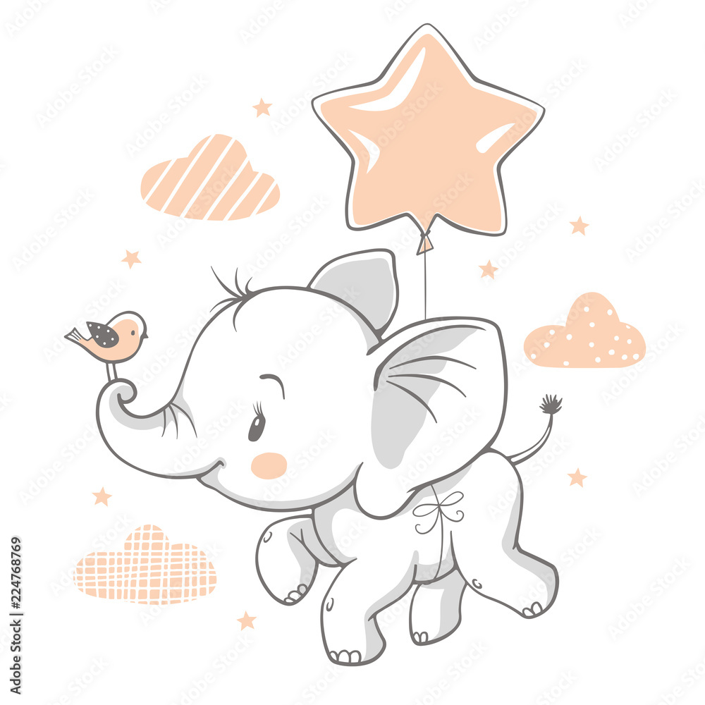 Obraz premium Ilustracja wektorowa słoniątka ładny latający z balonem.