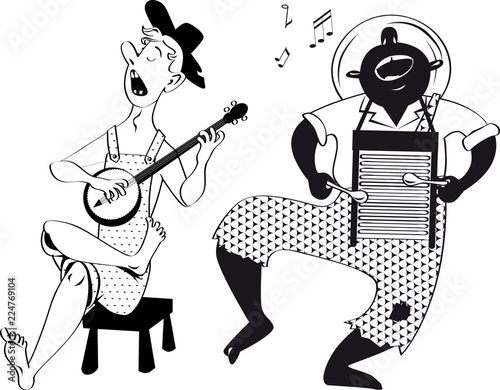 American root musicians playing a banjo and a washboard, EPS 8 vector line illustration
