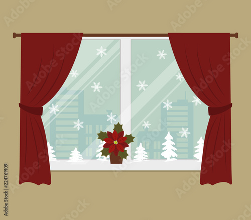 Window, decorated with Christmas decoration. There are red curtains, white snowflakes, silhouettes of Christmas trees in the picture. There is also a flower poinsettia on the windowsill. Vector image