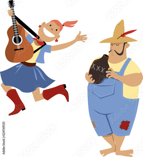 Country western folk musicians characters playing guitar and jug, EPS 8 vector cartoon
