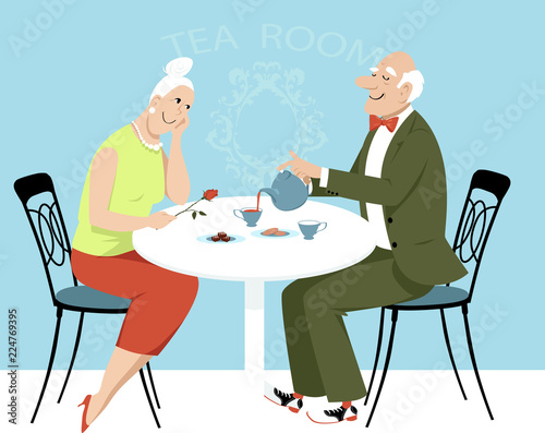 Elderly couple on a date having tea in a cafe, EPS 8 vector illustration