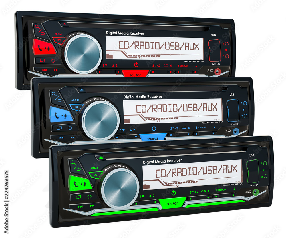 Set of colored car digital media receivers, 3D rendering Set of colored car digital media receivers, 3D rendering