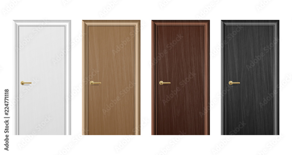 Obraz premium Vector realistic different closed brown wooden door icon set closeup isolated on white background. Elements of architecture. Design template for graphics, Front view