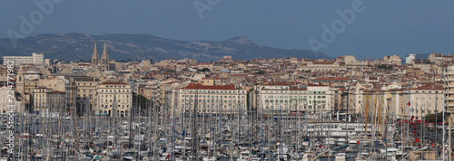 Aerial panoramic view on old port in Marseille, France