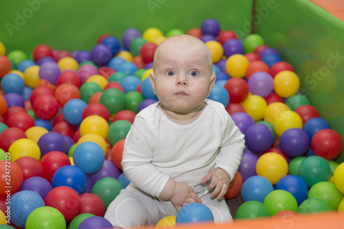 Little baby boy sits in the pool with balls