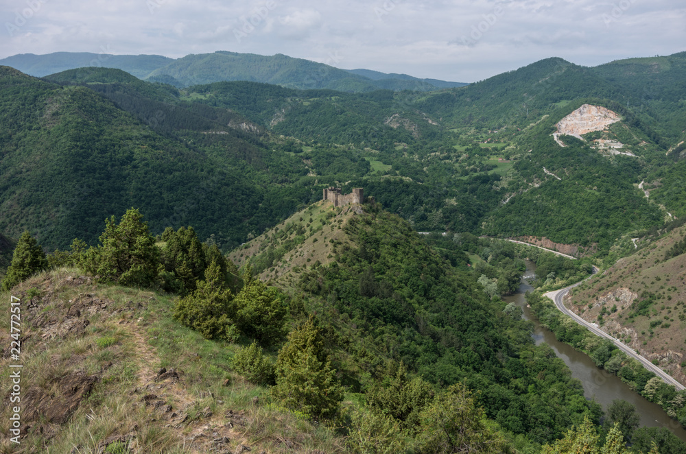 Panorama of  Ibar river canyon with medieval fortress Maglic on mountain cliff, Serbia