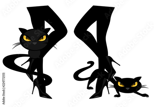 beautiful witch legs with high heeled shoes and black cats - halloween party vector design set