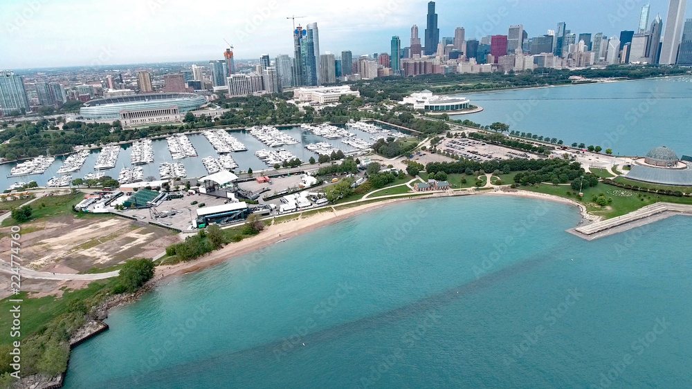 Chicago, Illinois lakefront aerial seen from the shores of Lake Michigan in late summer