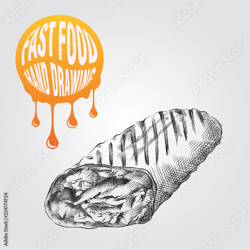 shawarma hand drawn sketch isolated on white background and yellow blob with drops. Fast food sketch elements vector illustration