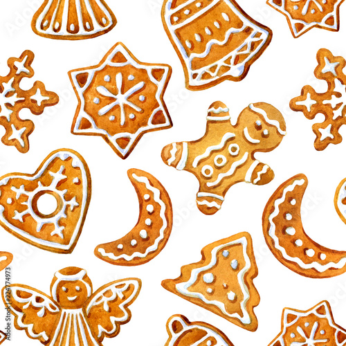 Christmas seamless pattern of holiday cookies, watercolor illustration
