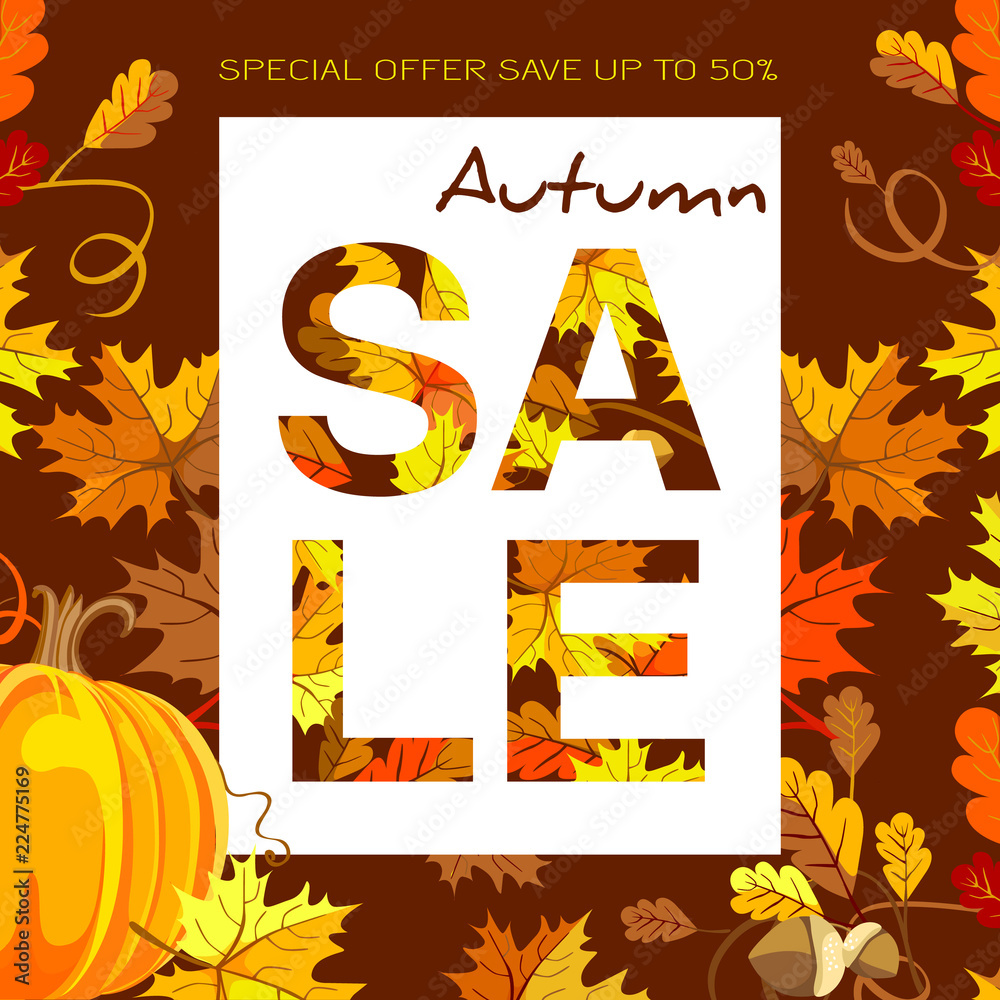 Autumn sale background with Autumn Vector floral style design: pumpkin, orange, yellow, brown red fall forest Maple leaves, oak tree leaves. Negative space trend.  Vector banner design template
