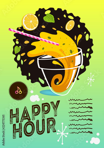 Happy Hour Poster Design  On A Green And Yellow Gradient Background Vector Image.