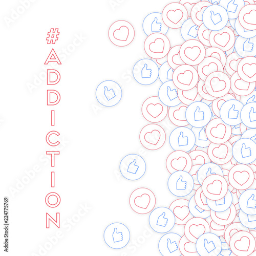 Social media icons. Social media addiction concept. Falling scattered thumbs up hearts. Scatter righ