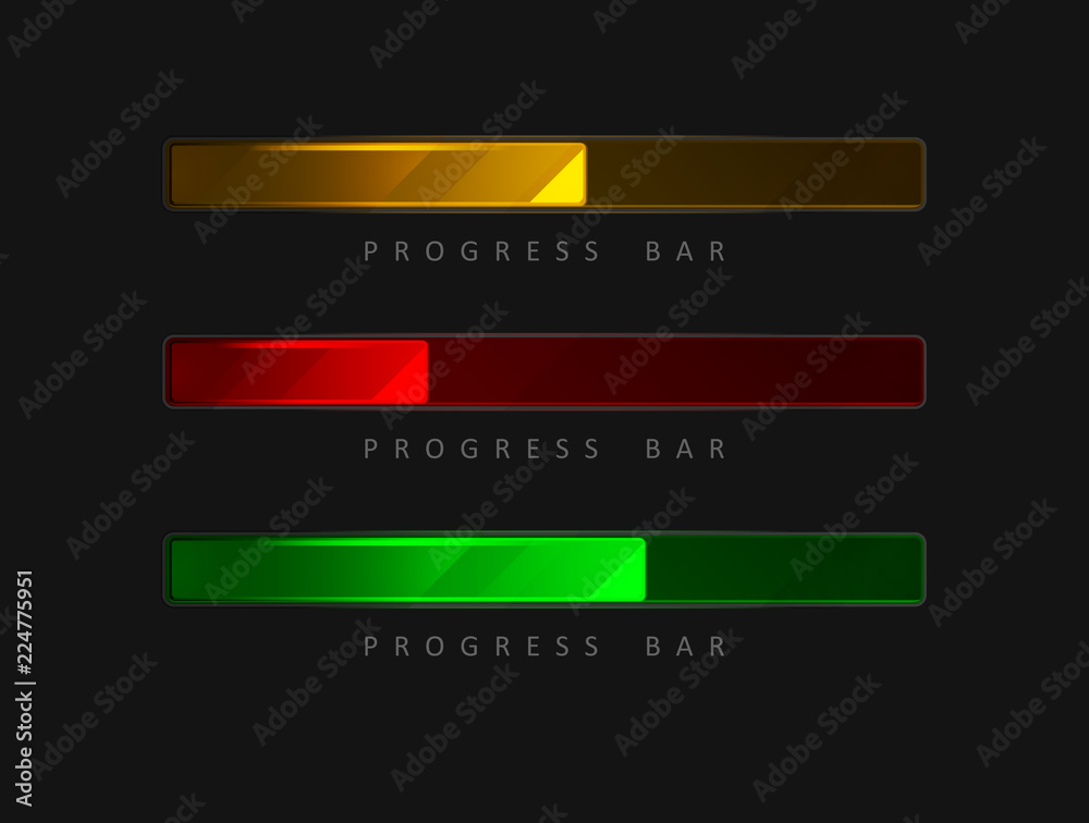 Set of 3 colorful, bright  progress bars in different colors on a black background.
