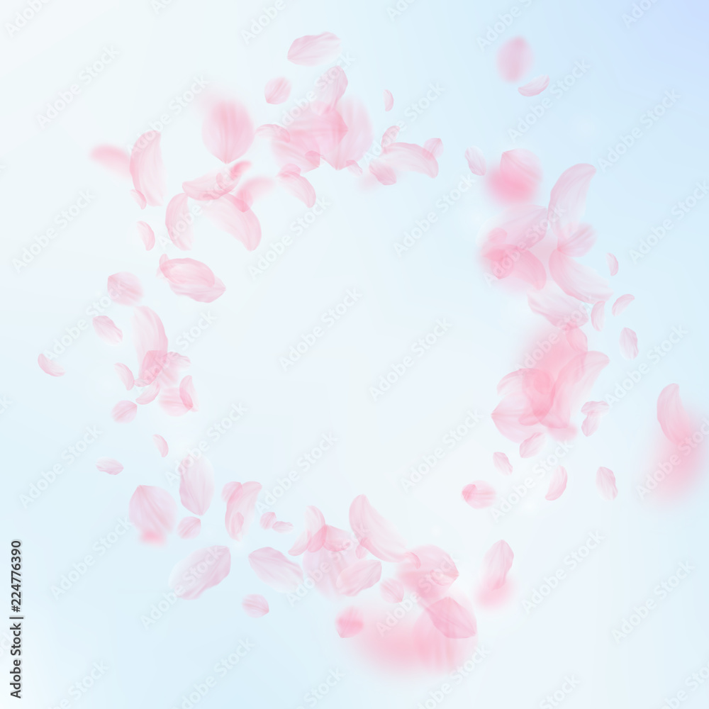 Sakura petals falling down. Romantic pink flowers vignette. Flying petals on blue sky square backgro