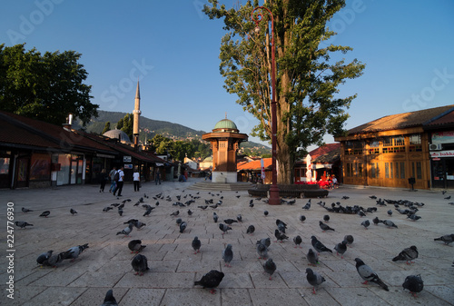 Sebilj in Sarajevo. View at the main square in the city center of Sarajevo (Baščaršija) full with pigeons early in the morning. Fountain in the middle and Baščaršijska džamija (mosque) at the back.