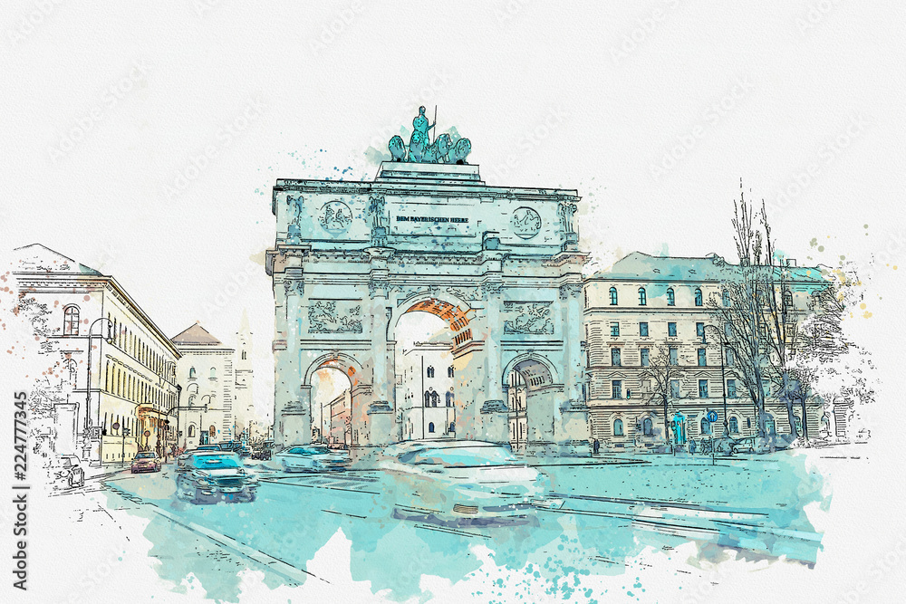 Naklejka premium A watercolor sketch or illustration. Victory Gate triumphal arch Siegestor in Munich. Germany.