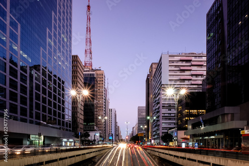 Night view of the famous Paulista Avenue, financial center of the city and one of the main places of Sao Paulo, Brazil. photo