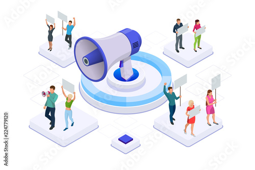 Isometric crowd of people protesters. Male and female protesters or activists. Holding banners and placards. Men and women taking part in political meeting, parade or rally. Vector illustration