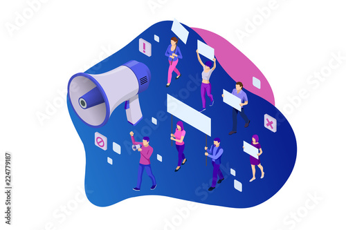 Isometric crowd of people protesters. Male and female protesters or activists. Holding banners and placards. Men and women taking part in political meeting, parade or rally. Vector illustration