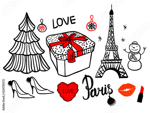 Fashion illustration of a gift box with a red bow. Beauty box makeup lettering. Merry Christmas banner for a female store. Vector illustration of a hand drawing isolated on white background