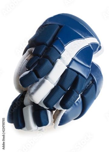 Pair of Blue and White Ice Hockey Gloves, Isolated on White