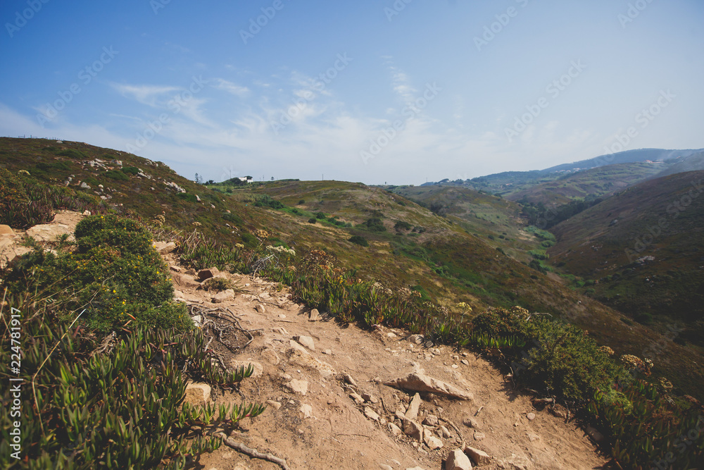 Beautiful aerial vibrant view of Capo Da Roca, the most western point of Europe, Portuguese municipality of Sintra, near Azoia, district of Lisbon, Serra de Sintra, Portugal