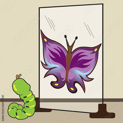 A young caterpillar is looking in the mirror and seeing himself as a colorful butterfly