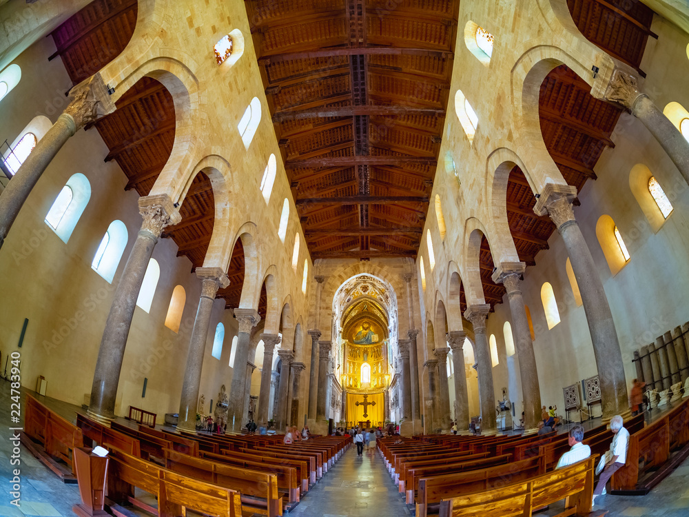 Basilica Cathedral of Cefalu. Gothic architecture inside  Roman church in Sicily, Italy