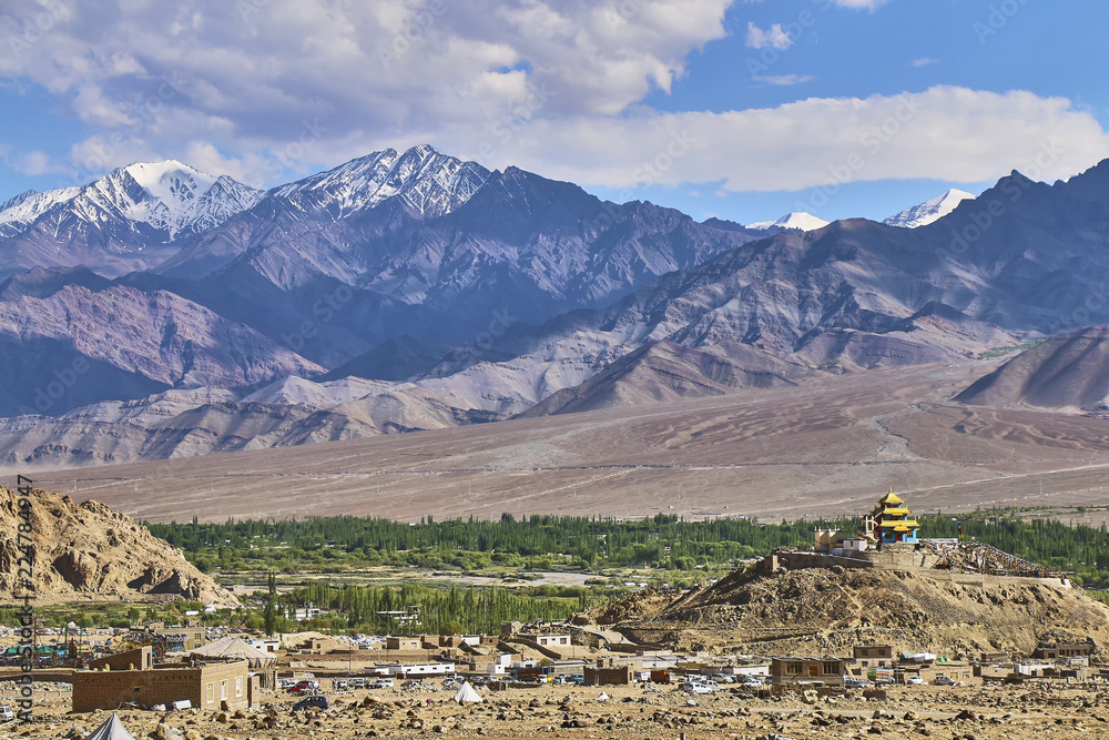 Beautiful landscape with snow capped Himalaya mountains near Leh in Ladakh, India.