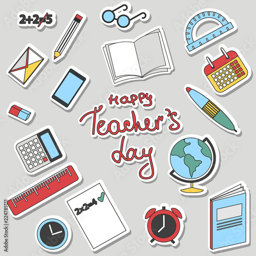 happy teacher's day. teacher's day card with stationery. flat design. study, school, University, education..