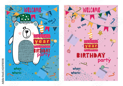 Set of Happy birthday cards design for one year old baby