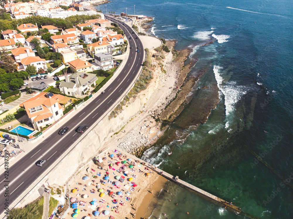 Aerial drone view of Cascais beach, Parede civil parish, Greater Lisbon, Portugal, Atlantic Ocean shore