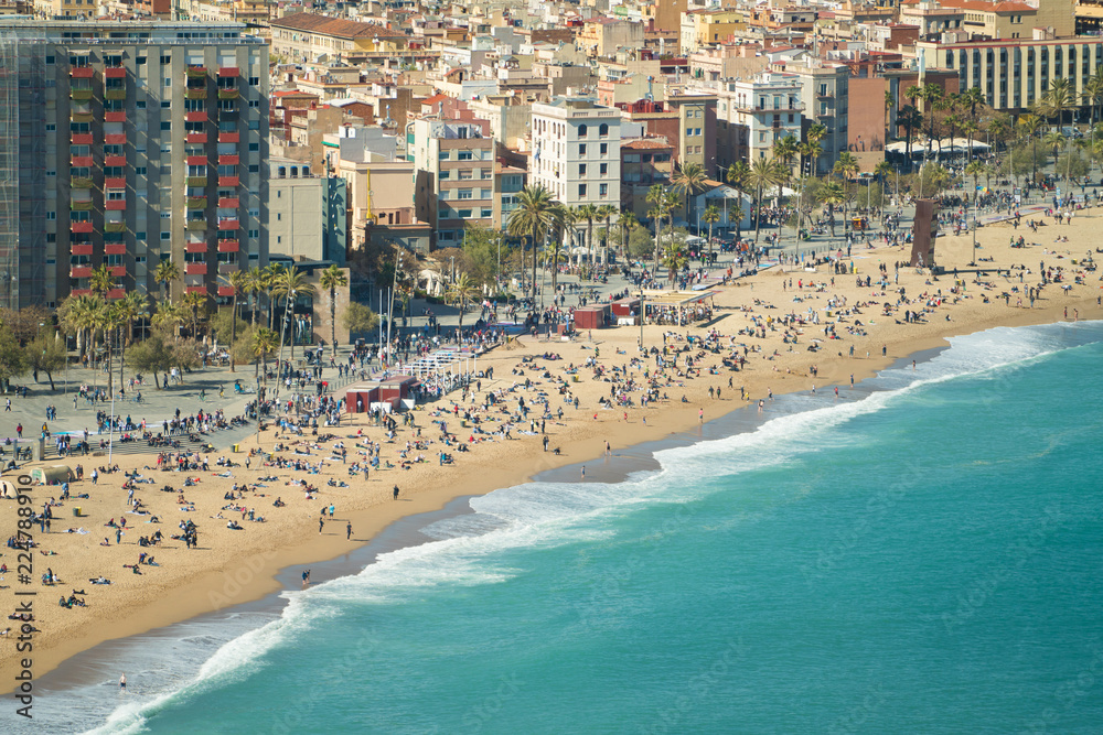 Aerial view of Barcelona, Barceloneta beach and Mediterranean sea in summer day at Barcelona, Spain.
