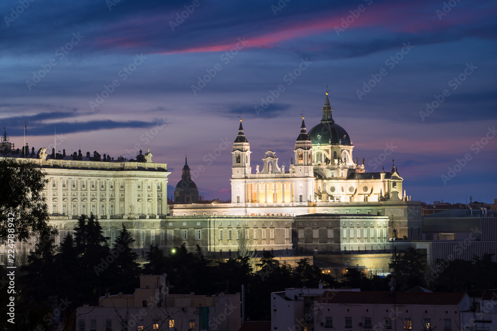 Almudena Cathedral (Santa Maria la Real de La Almudena) is a Catholic church in Madrid, Spain at night. It is the seat of the Roman Catholic Archdiocese of Madrid.