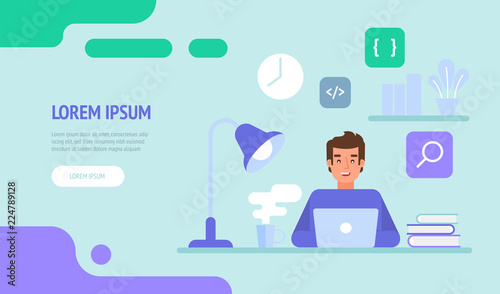 Programmer or web engineer at work. Programmer programming web site landing page template.