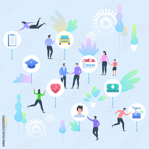 Insurance concept. People with Insurance Services icons of car, education, house, health, life and travel.