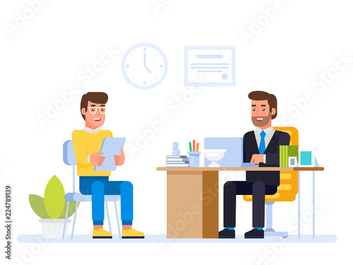 HR manager meeting job applicant in director office.