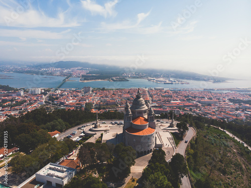 Aerial view of Viana do Castelo, Portugal, with Basilica Santa Luzia Church, shot from drone