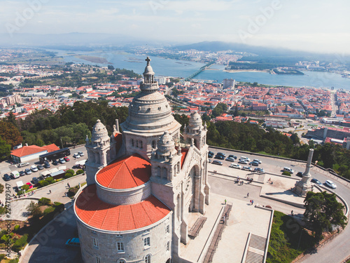 Aerial view of Viana do Castelo, Portugal, with Basilica Santa Luzia Church, shot from drone